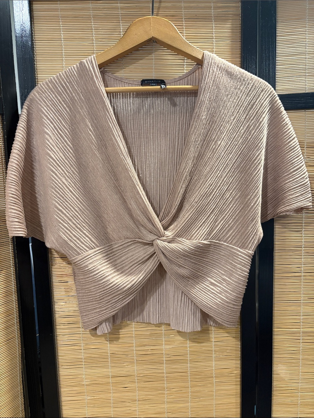 Dynamite Twist-Front Pleated Short Sleeve Top - Beige